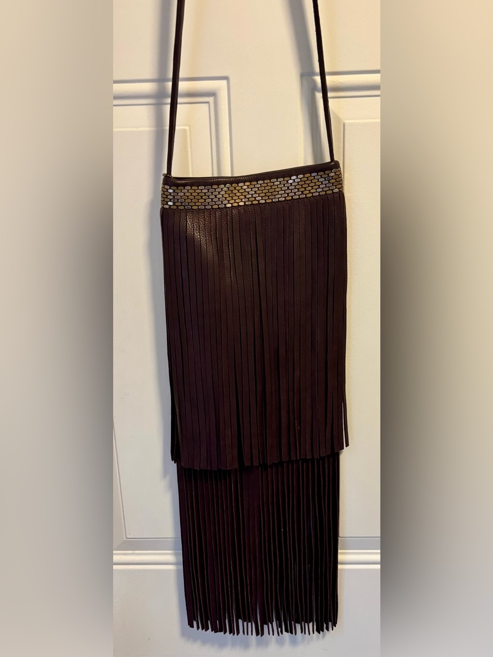 Burgundy Layered Fringe Crossbody Bag with Embellished Metal Trim